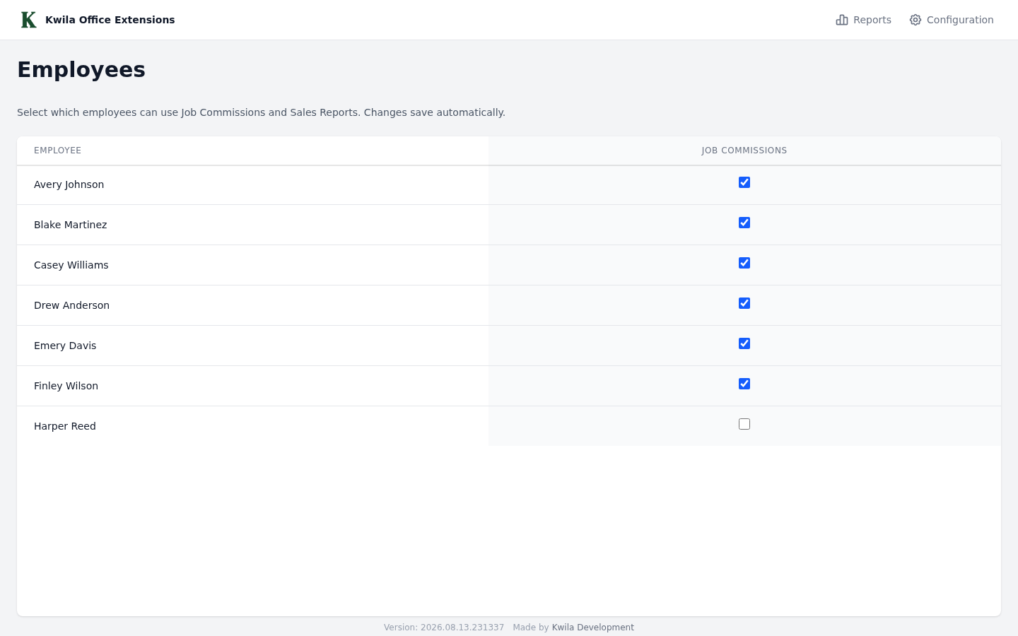 Employees page in Office Extensions