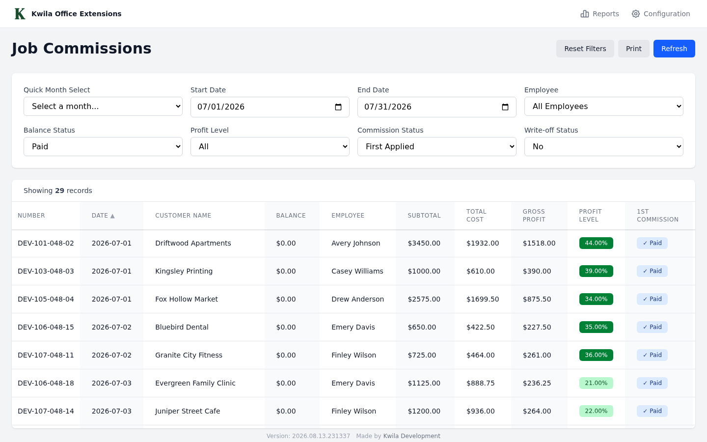 Job Commissions page in Office Extensions